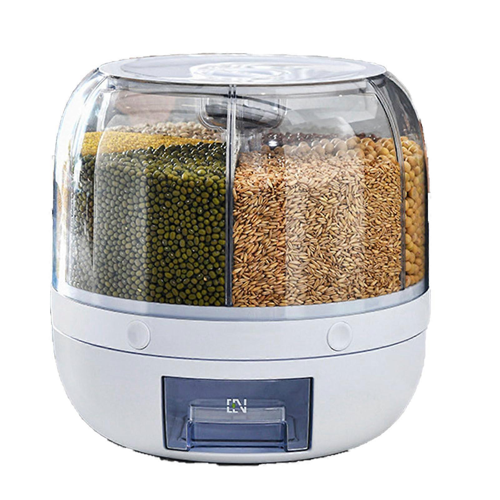Grain Storage Container Dispenser 13.2 Lb Rice Dispenser 360 Degree Rotating 6Compartment Dry Food Dispenser With Lid