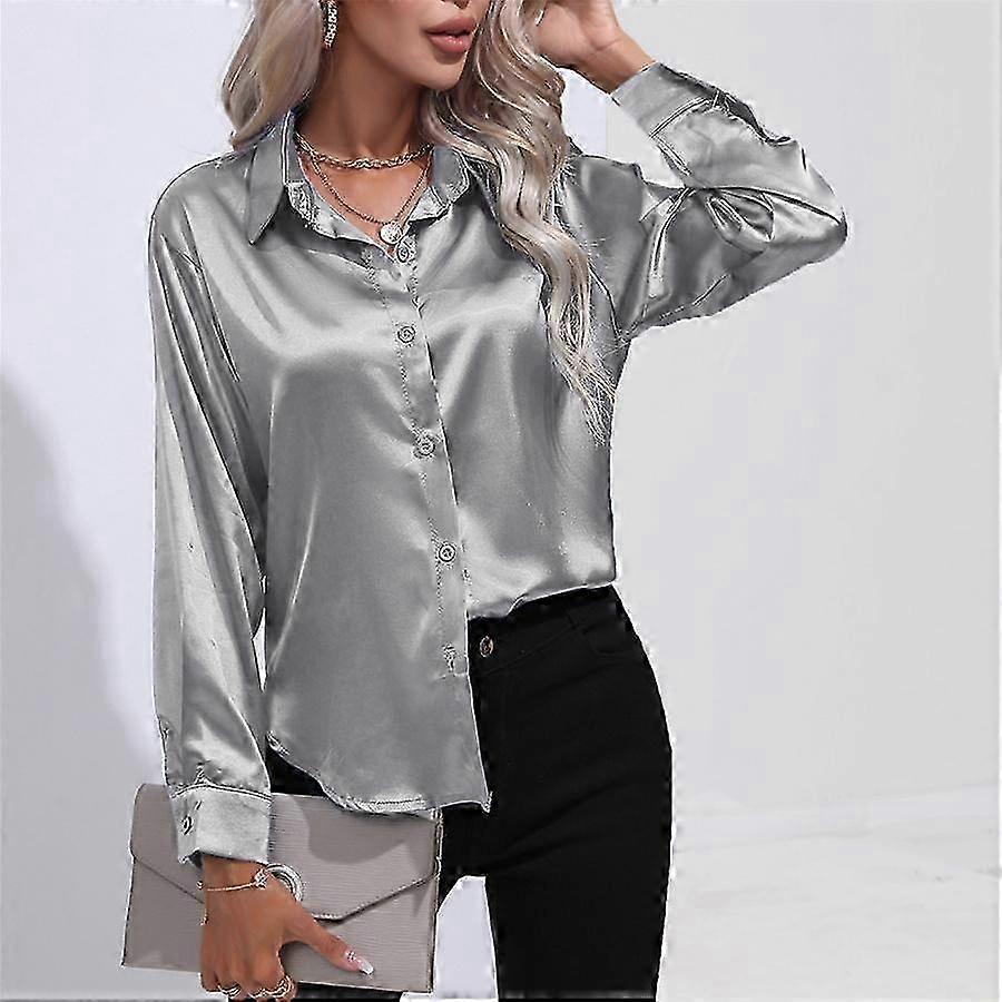 Plus size skjorte for kvinner sateng langermet bluse løs