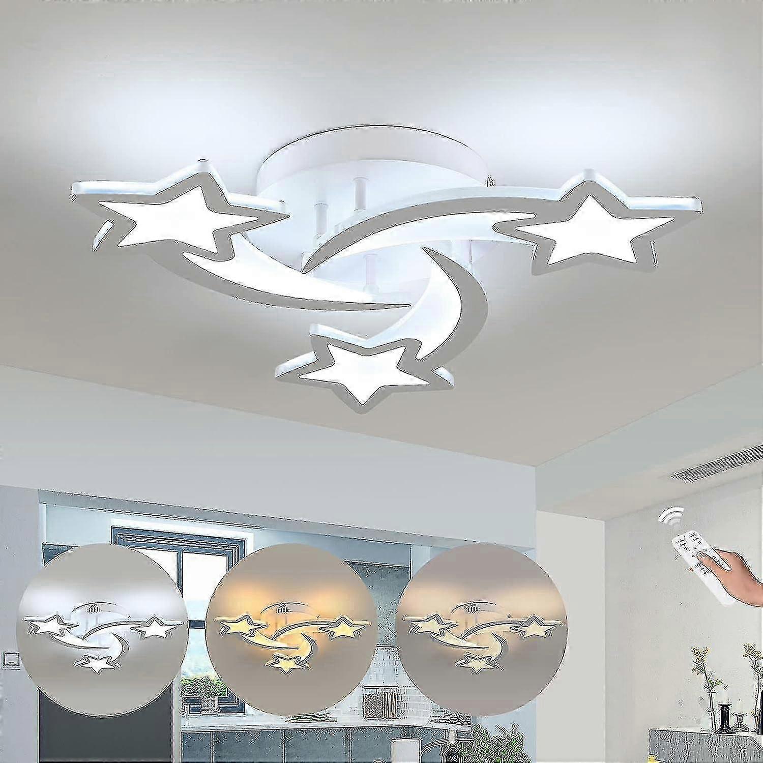 Dimmable LED Ceiling Lights, 3-Star Shape Chandelier Lighting Fixture With Remote Control For Childr