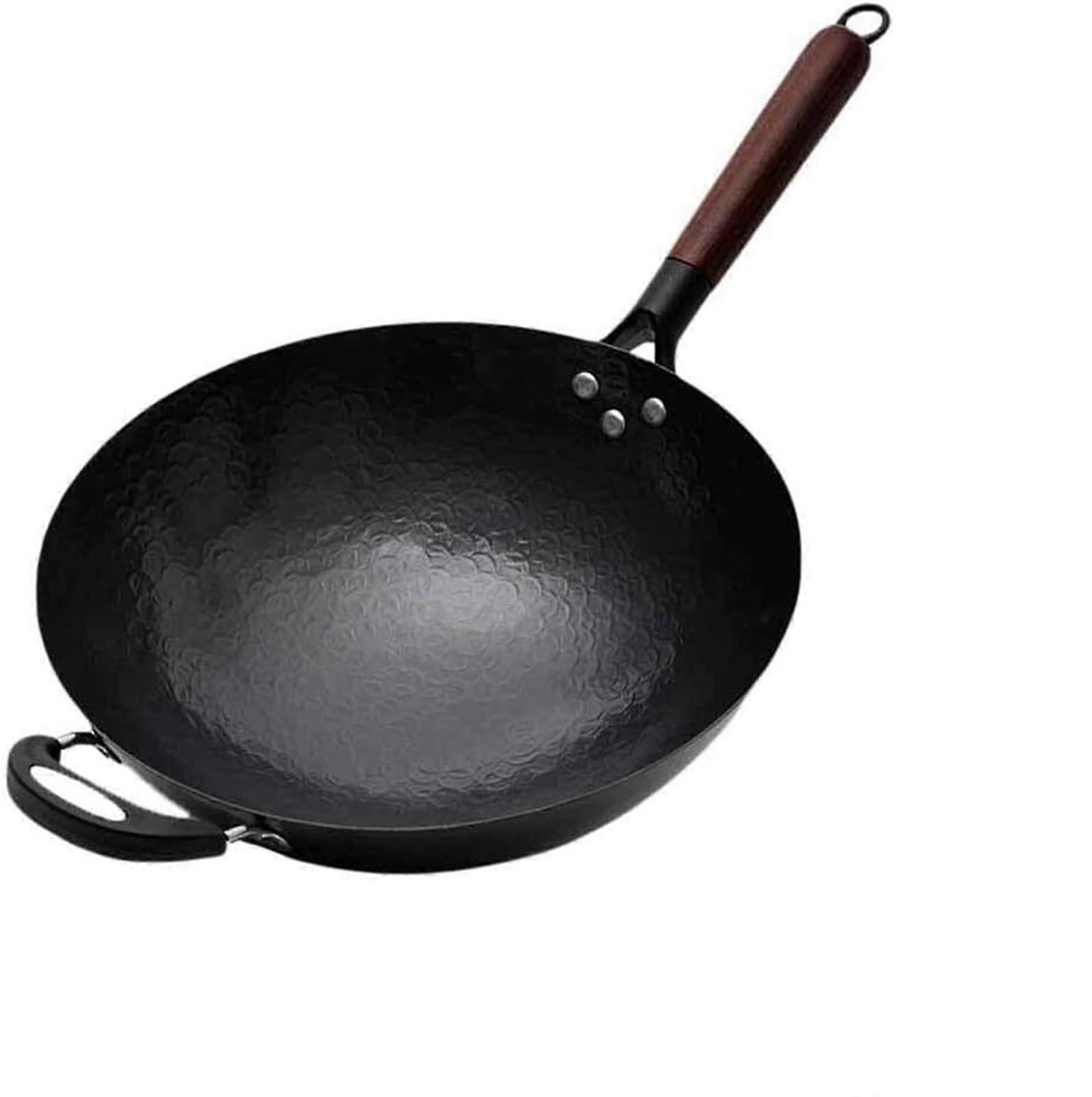 Cast Iron Wok Round Bottom NonStick Uncoated Pan with Wooden Handle for Gas Stoves 34cm