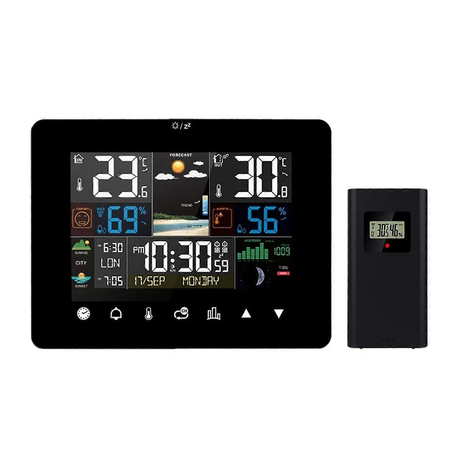 Weather Station Alarm Clock with Touch Color Screen, Indoor Outdoor Thermometer Hygrometer, Wireless Sensor
