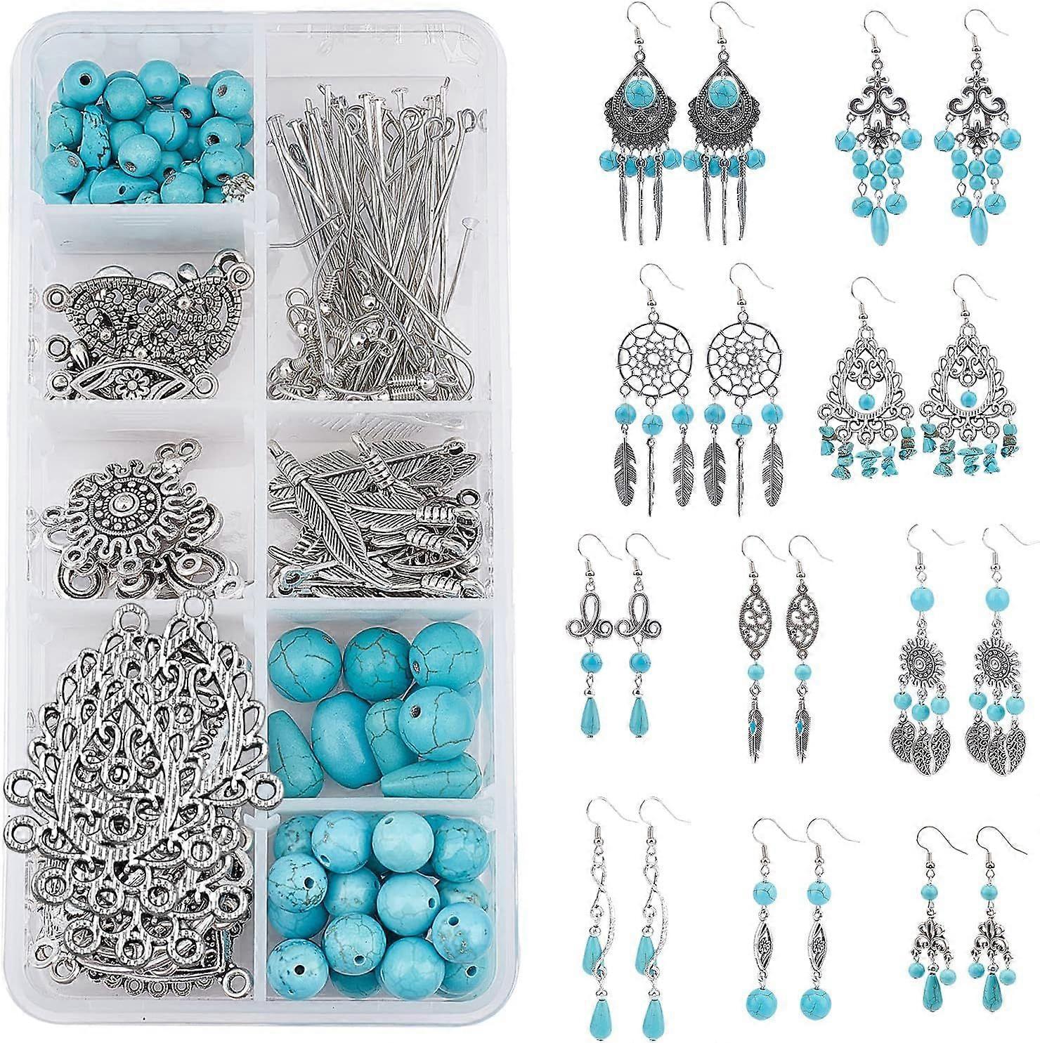 1 Box DIY 10 Pairs Turquoise Bead Dangle Earrings Making Kit Alloy Enamel Leaf Teardrop Sun Pendants Charms with Eye Pin Earring Hooks for DIY Earring