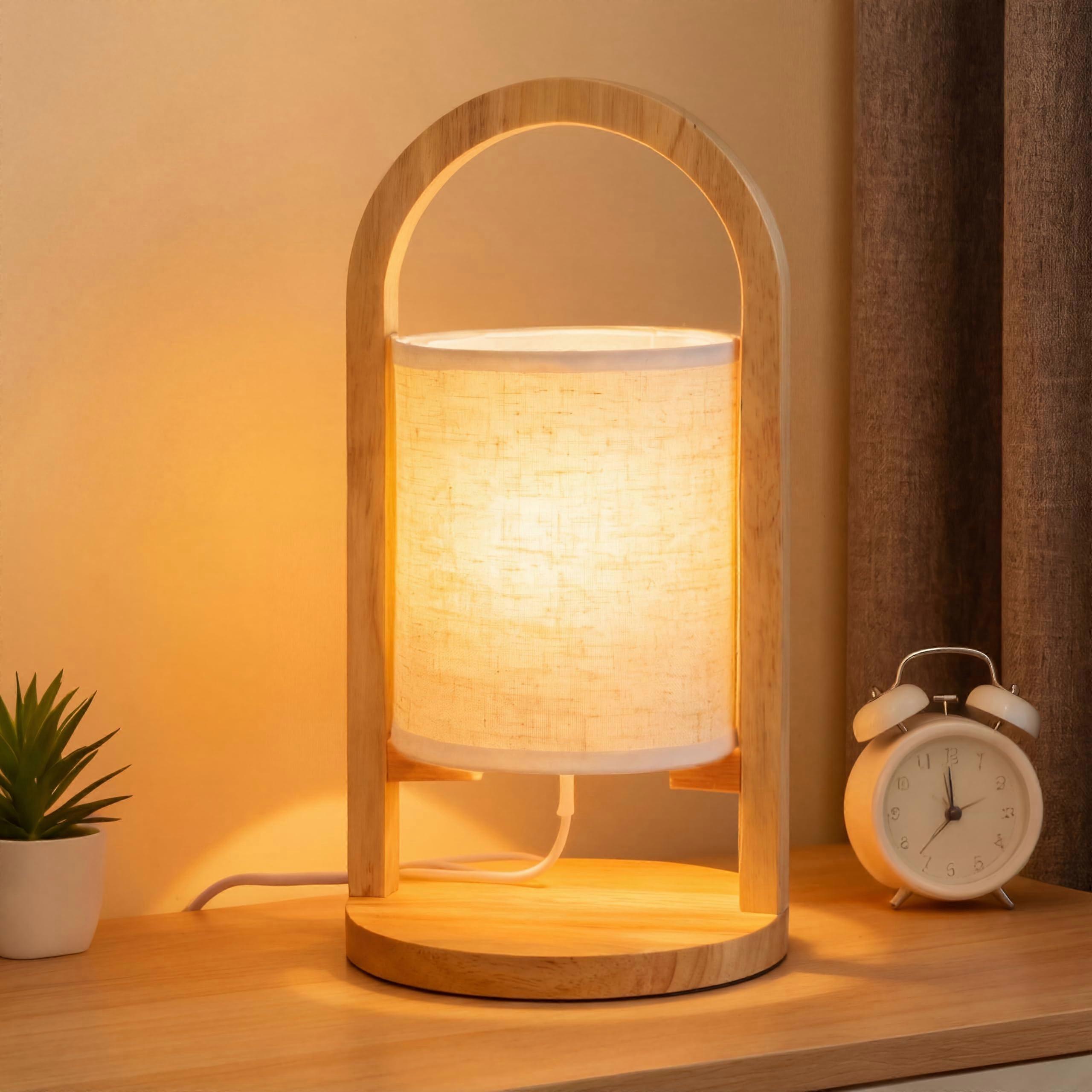 Bedside Table Lamp with LED Bulb, Three Color Temperature Fabric Shade for Bedroom Nightstand