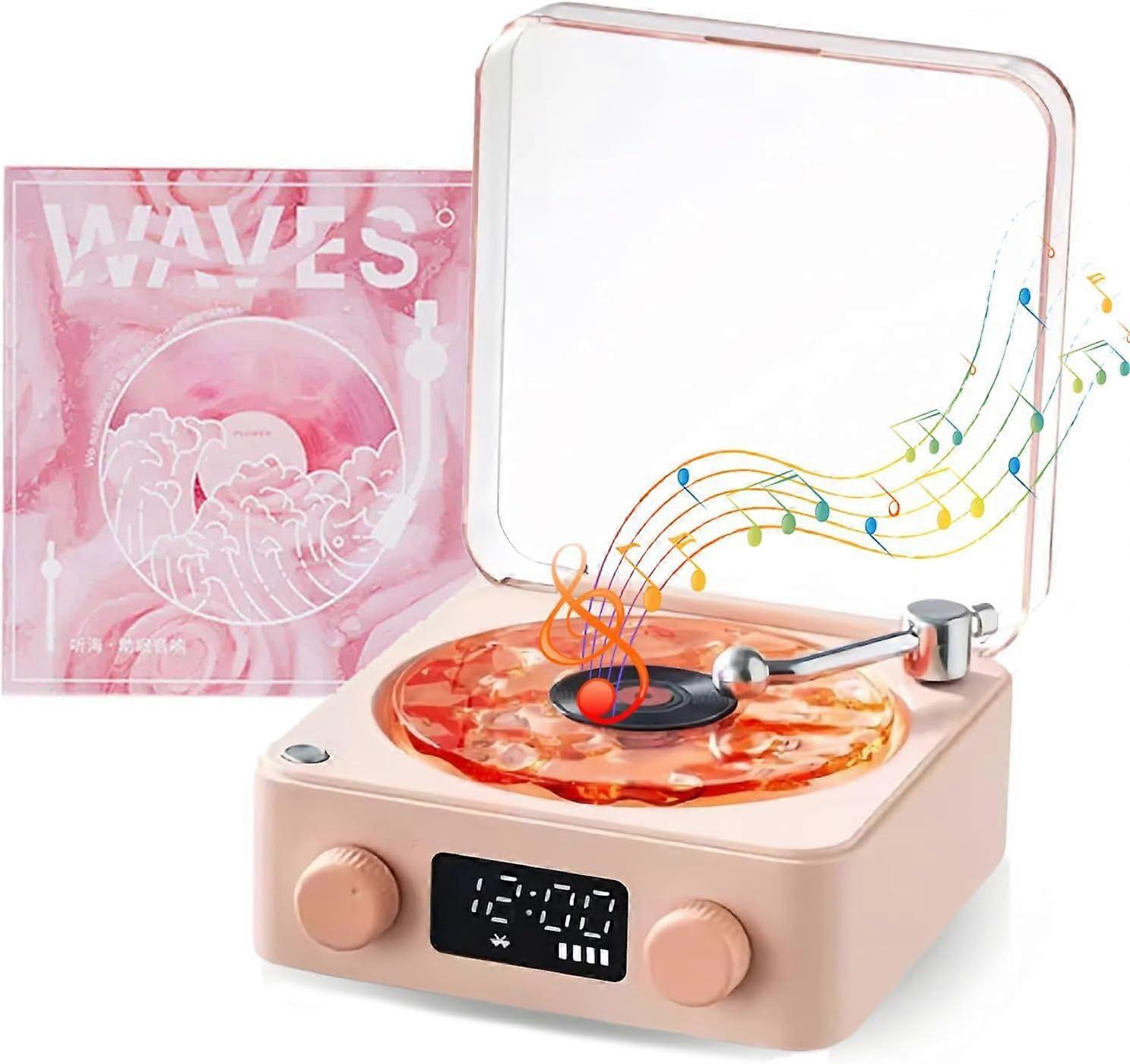 Bluetooth Retro Record Player Speaker with Clock, Night Light and Rich Bass for Bedroom, Pink
