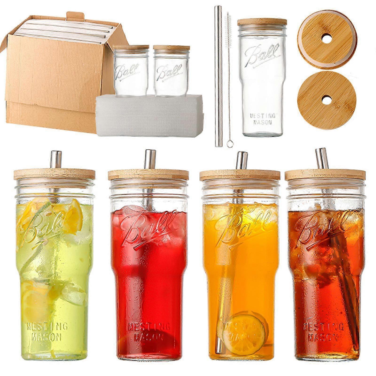 Glass Tumblers with Lids and Straws 24oz Clear Cups with Bamboo Lids for Iced Coffee and Tea
