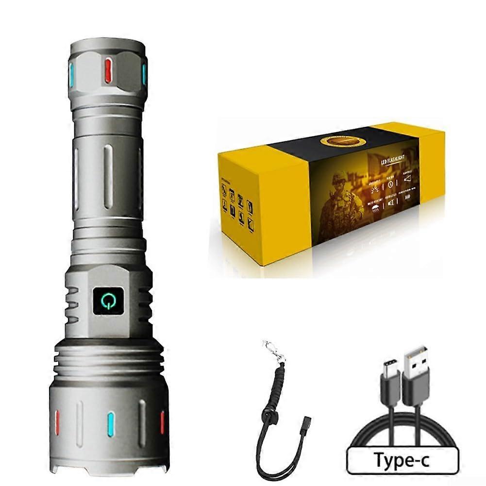 LED Flashlight 5800 Lumens USBC Rechargeable Long Range Zoomable Waterproof Camping Light Silver