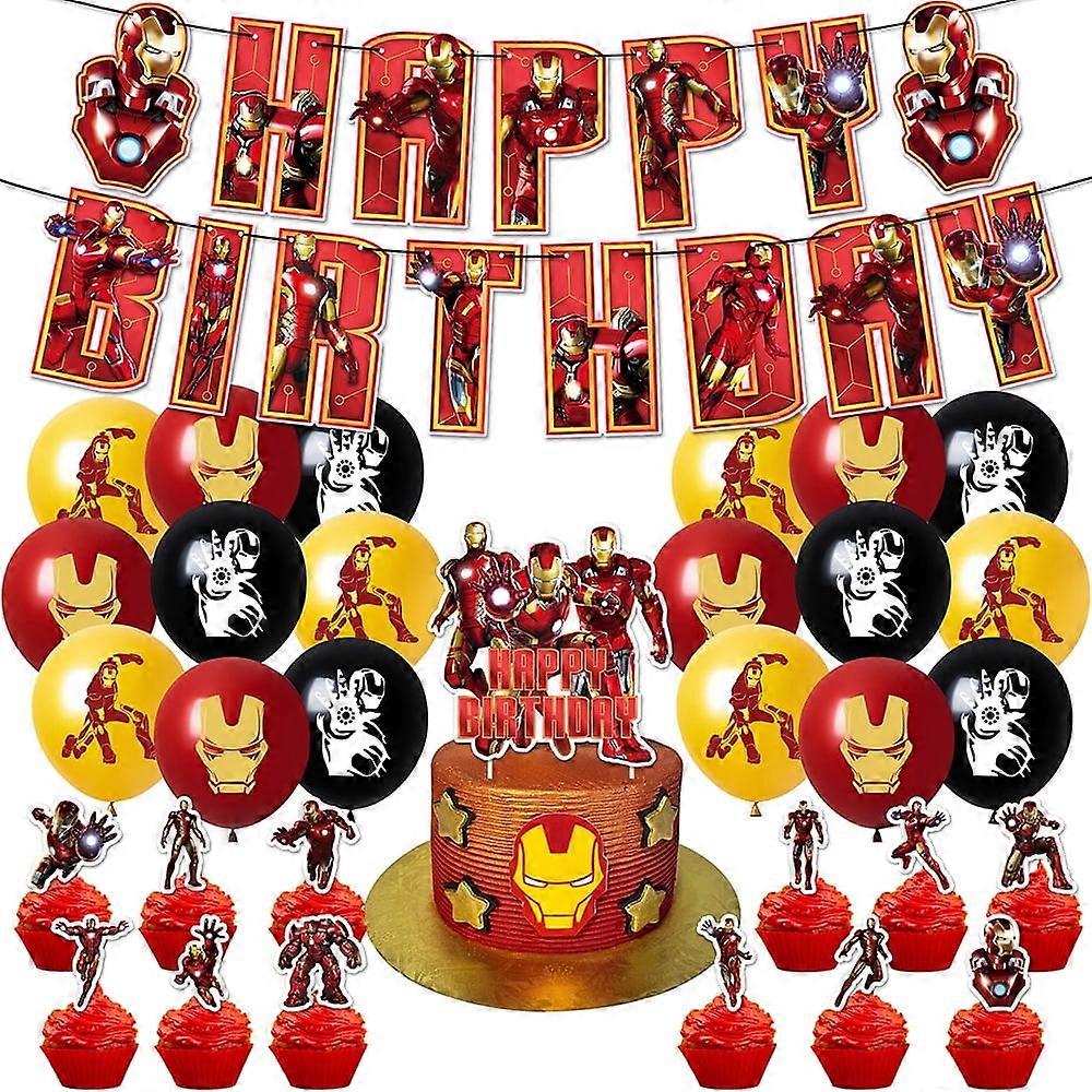 Birthday Party Supplies Set with Iron Man Themed, Including Happy Birthday Banners, Cupcake Toppers, Balloons, Party Decor Kit.