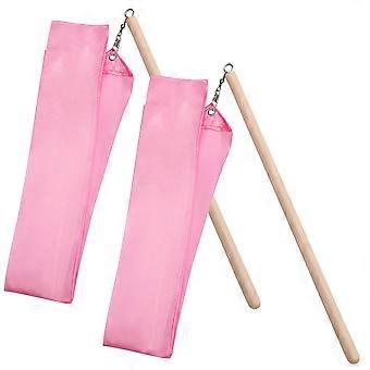 Rhythmic Colorful Dance Ribbon Wooden Gymnastics Ribbon for Kids 2Pcs Pink