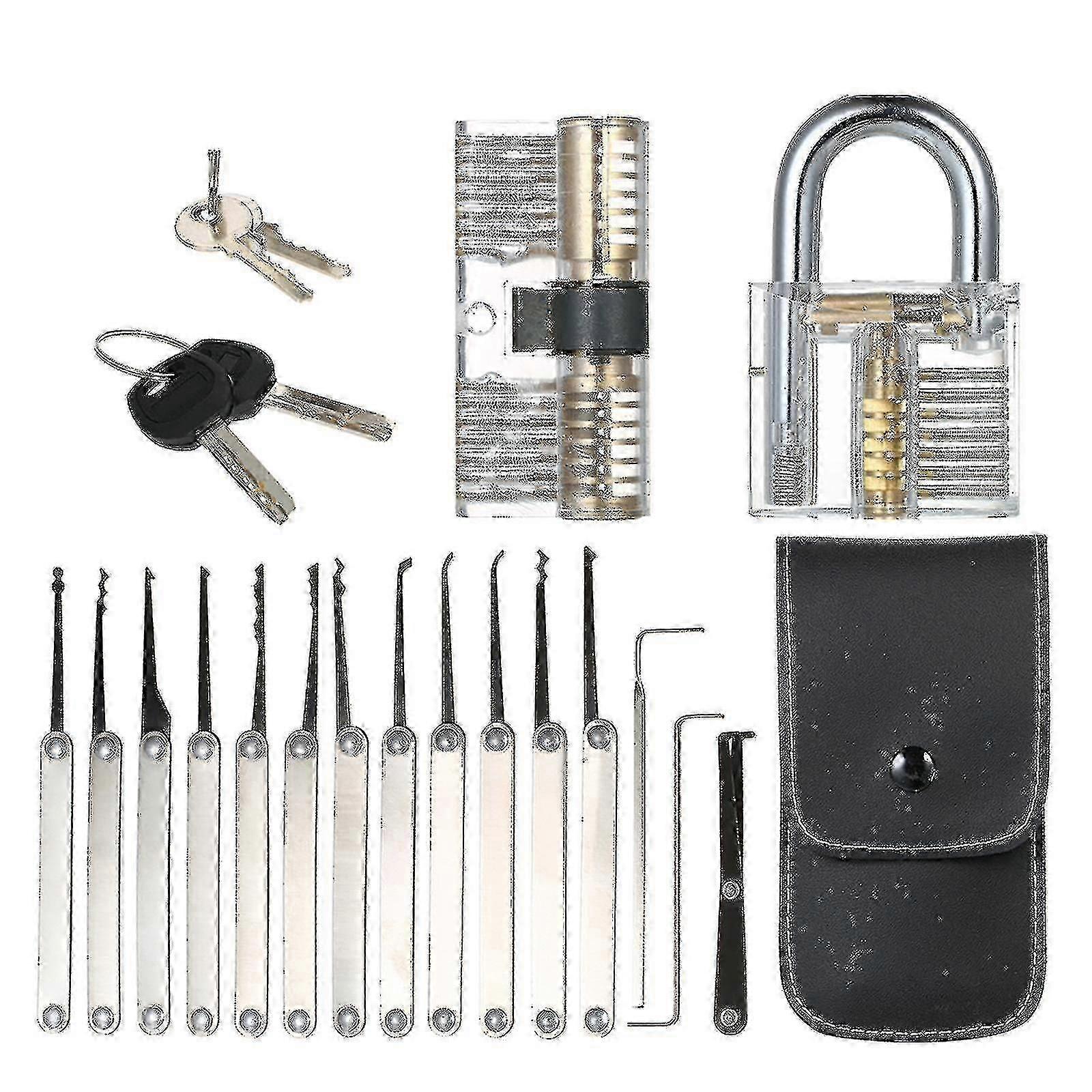 Lock Picking Tool Kit 15pcs, Transparent, 2 Training Padlocks for Beginners & Professionals