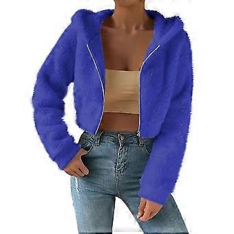 Cropped Fleece Jackets for Women Fashion Zip Up Plush Sherpa Warm Coats Comfy Soft Long Sleeve Fuzzy Hooded Outerwear Royal Blue L