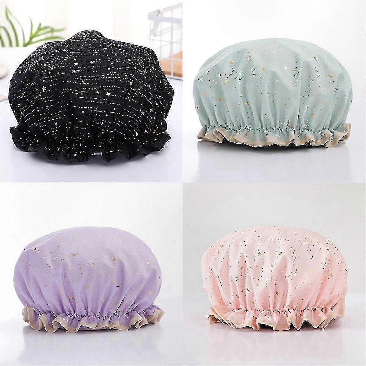4 Pack Waterproof Reusable Shower Cap, Elastic Bathing Shower Hat