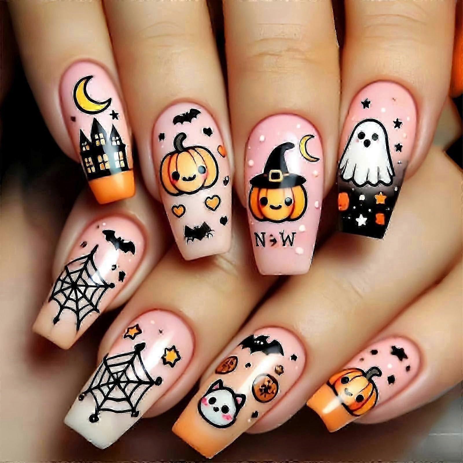 Coffin Shape Halloween Press on Nails Pink-84