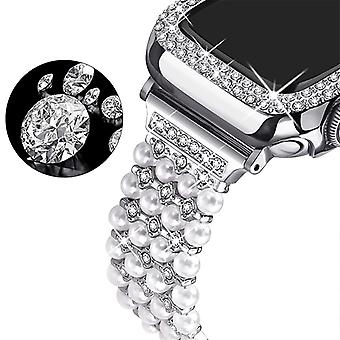 For Apple Watch Series 3/2/1 38mm Pearl Drawstring Metal Watch Strap Bracelet+PC Watch Case Frame