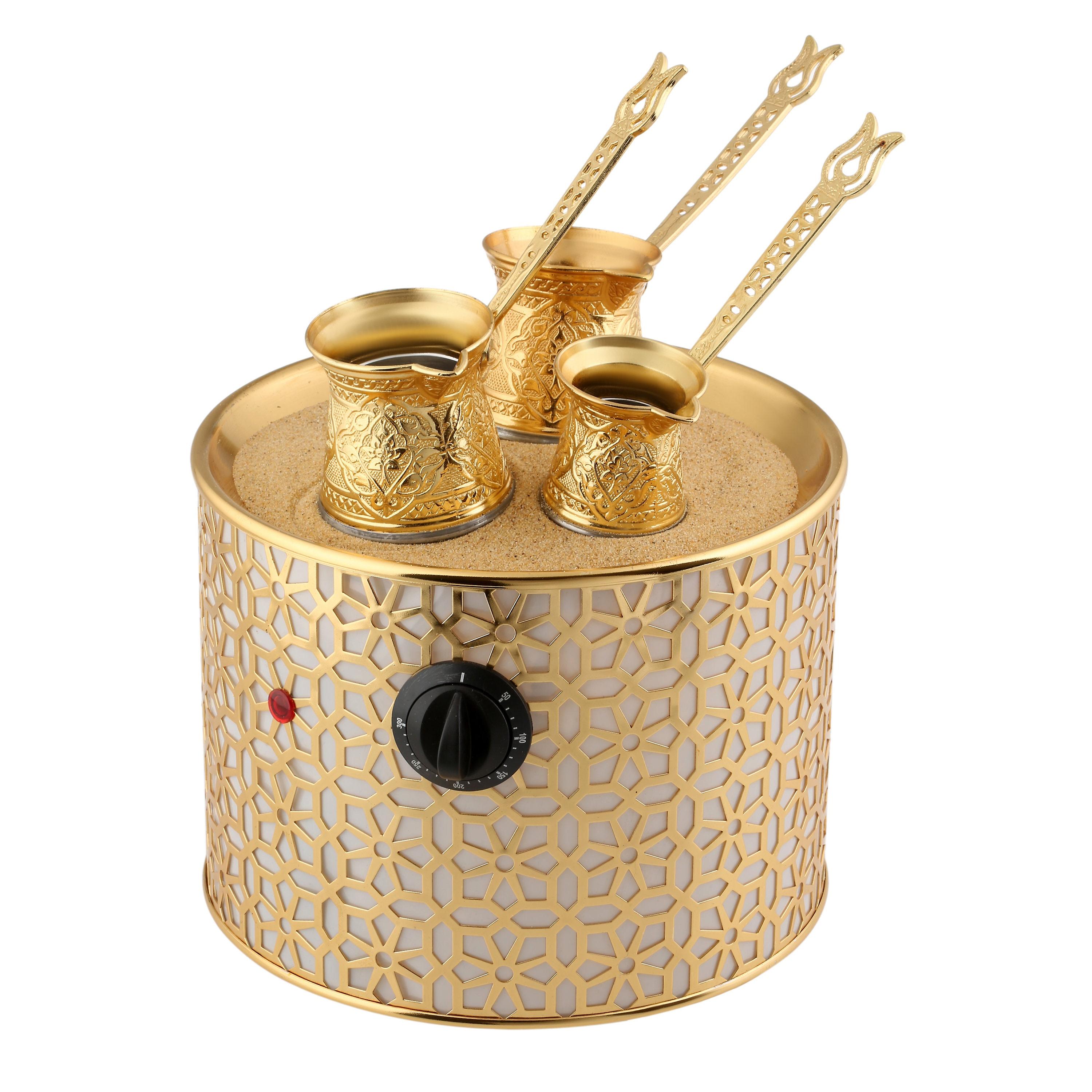 Sand Turkish Coffee Maker Gold Round Medium Lazer With Pots 110 ~ 230 Volt