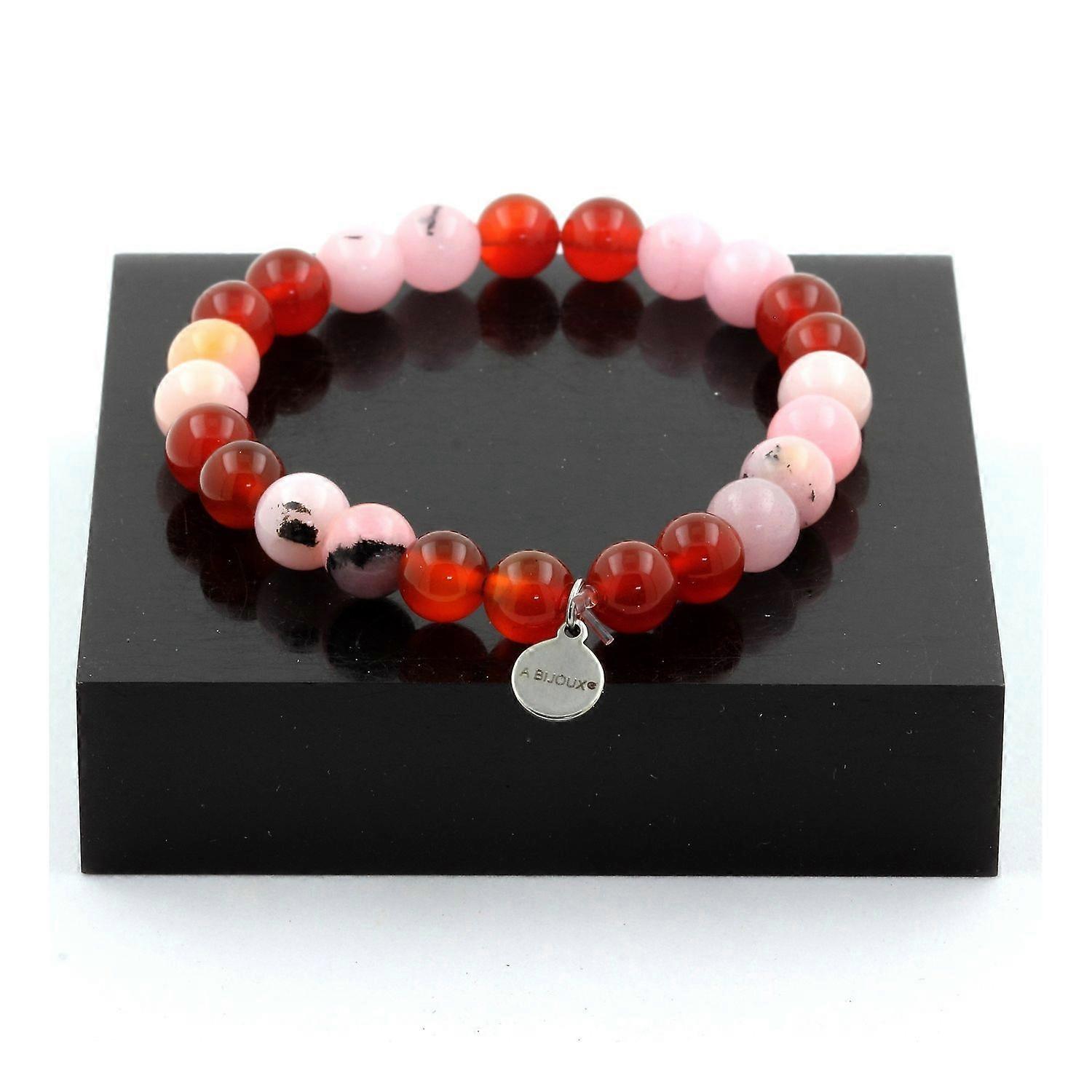 Pink Opal + Red Agate Beaded Bracelet 8 mm