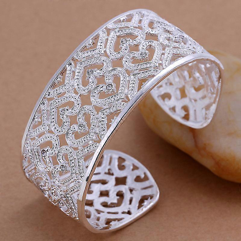 Wide Silver Bracelet / Heart & Crystal Bracelet