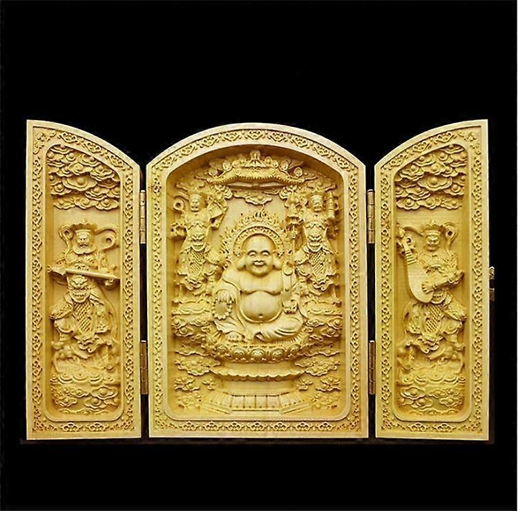 Chinese Buddha statue sculpture pure wood carving 3 open folding Buddha statue home decoration accessories Wood Buddha Craft