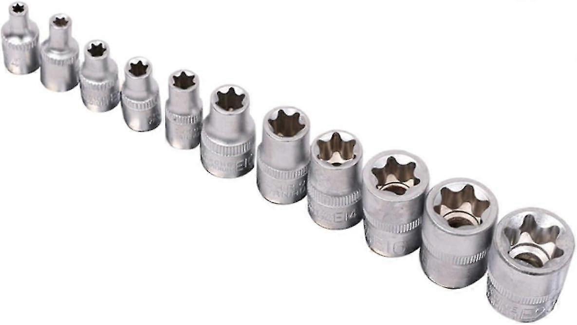 11 Piece Torx Socket Set E4 - E20 - Hex Interior - Torx External Rail - 1/4in, 3/8in, Silver