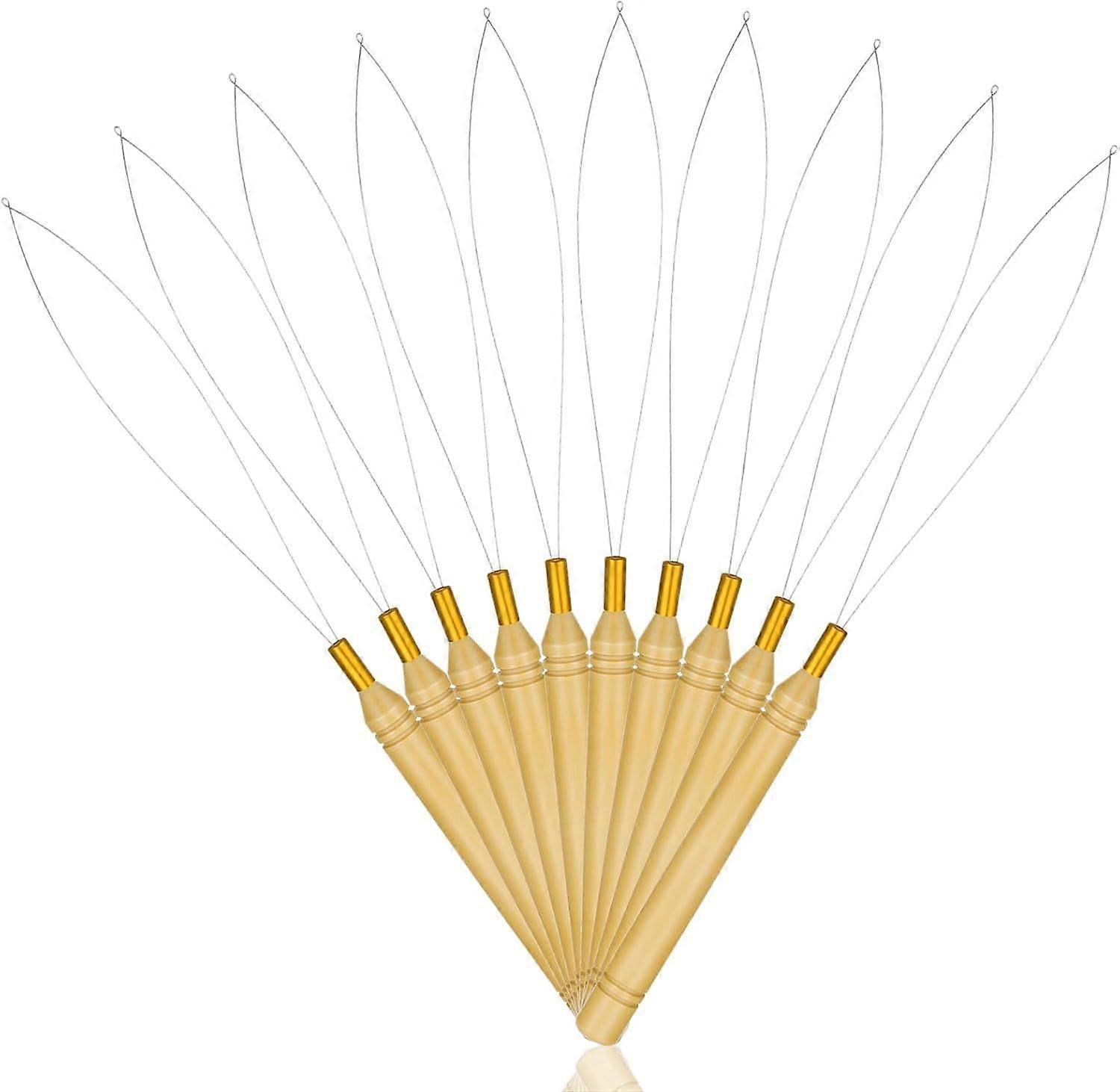 10Pcs Hair Extensions Loop Needle Threader Pulling Hook - Needle Threaders with Wooden Handle, Hair Pull Through & Loop Styling Tool for Easy Beading,