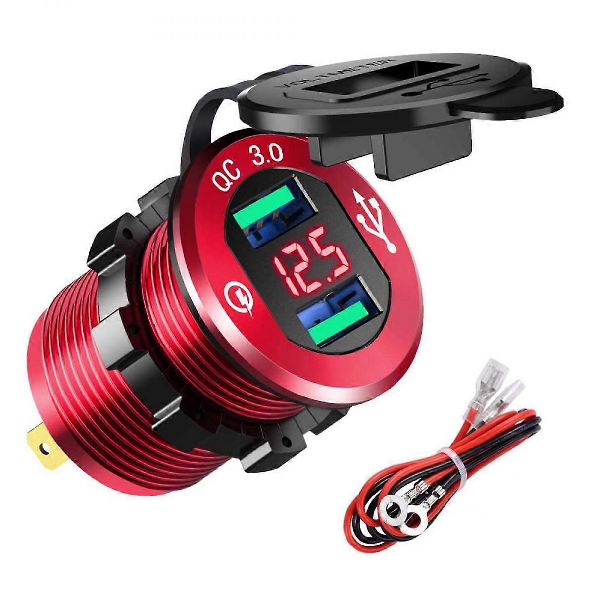 Quick Charge 3.0 Dual USB Charger Socket, 12V USB Outlet Waterproof Aluminum Power Fast Charge with LED Voltmeter & Wire Fuse DIY Kit for 12V/24V Car 