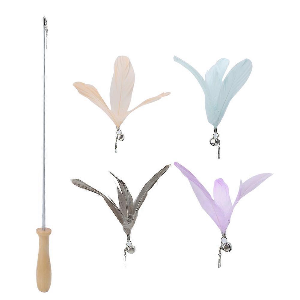 Wooden Handle Telescopic Cat Teaser Rod with 4 Colorful Feather Replacement Heads for Interactive Play