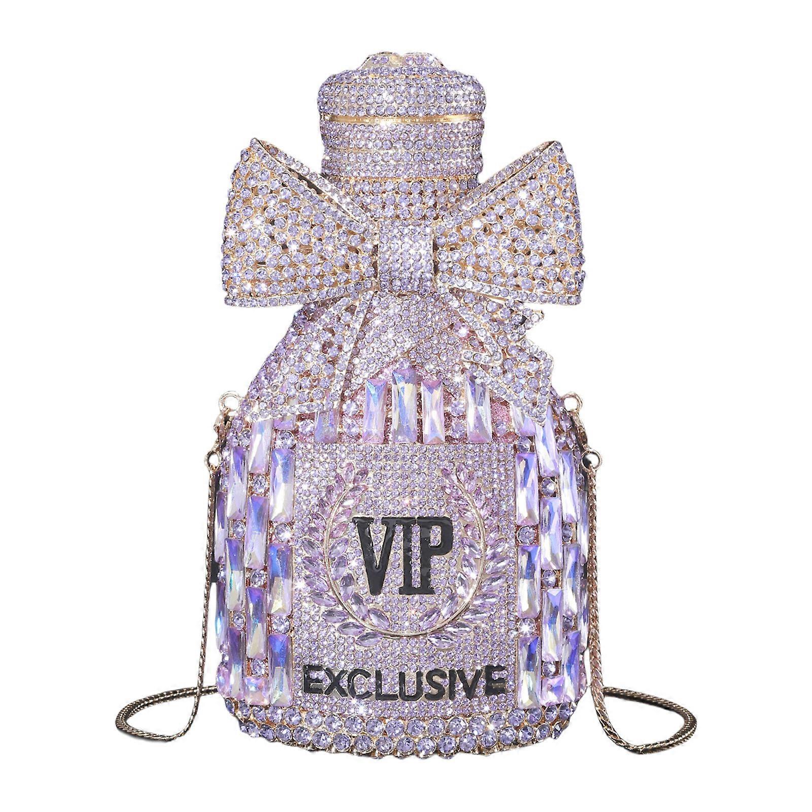 Women Champagne Bottle Rhinestones Evening Bag Sweet Bows Purse Clutch Unique Handbag Cocktail Party Shoulder Bags Purple