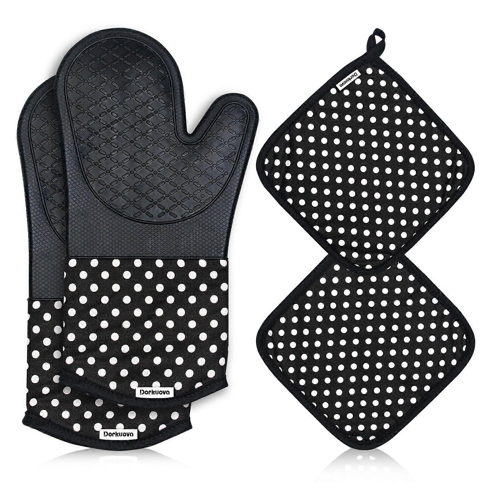 Silicone Pot Holders Set of 4, 500°F Heat Resistant Oven Mitts with Non-Slip Grip and Quilted Liner in Black