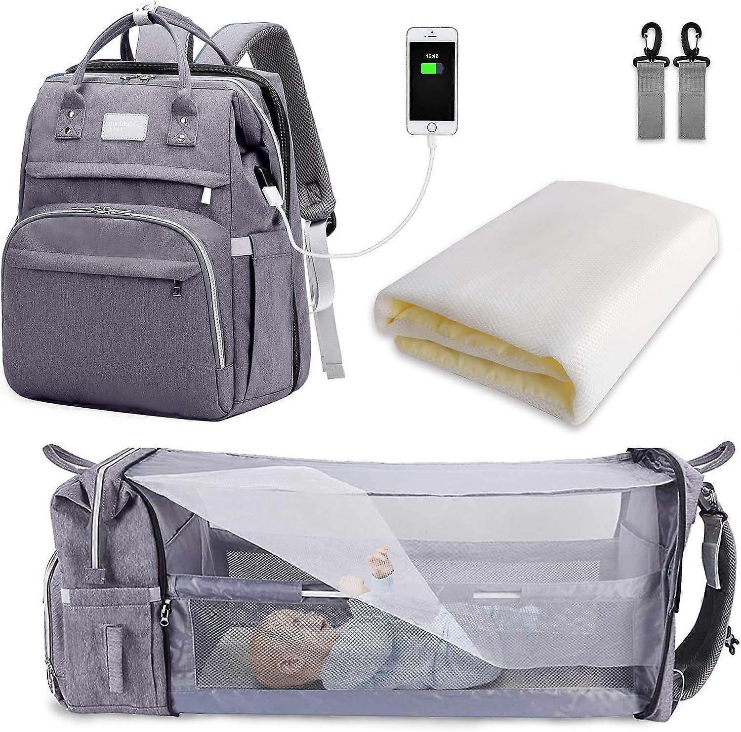 Gray Baby Diaper Bag Backpack - Large Capacity with Foldable Bed