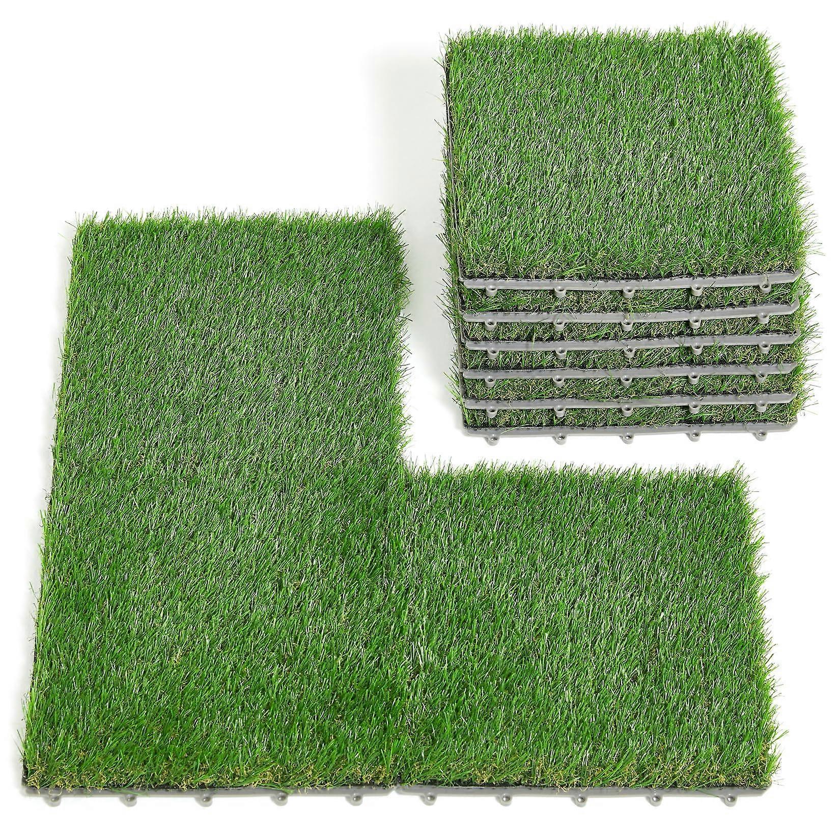 9 Pack Interlocking Artificial Turf Grass Tiles, 12'x12' Outdoor Fake Grass with Elastic Base, Stack Height 1.57 Inch,Gray Bottom