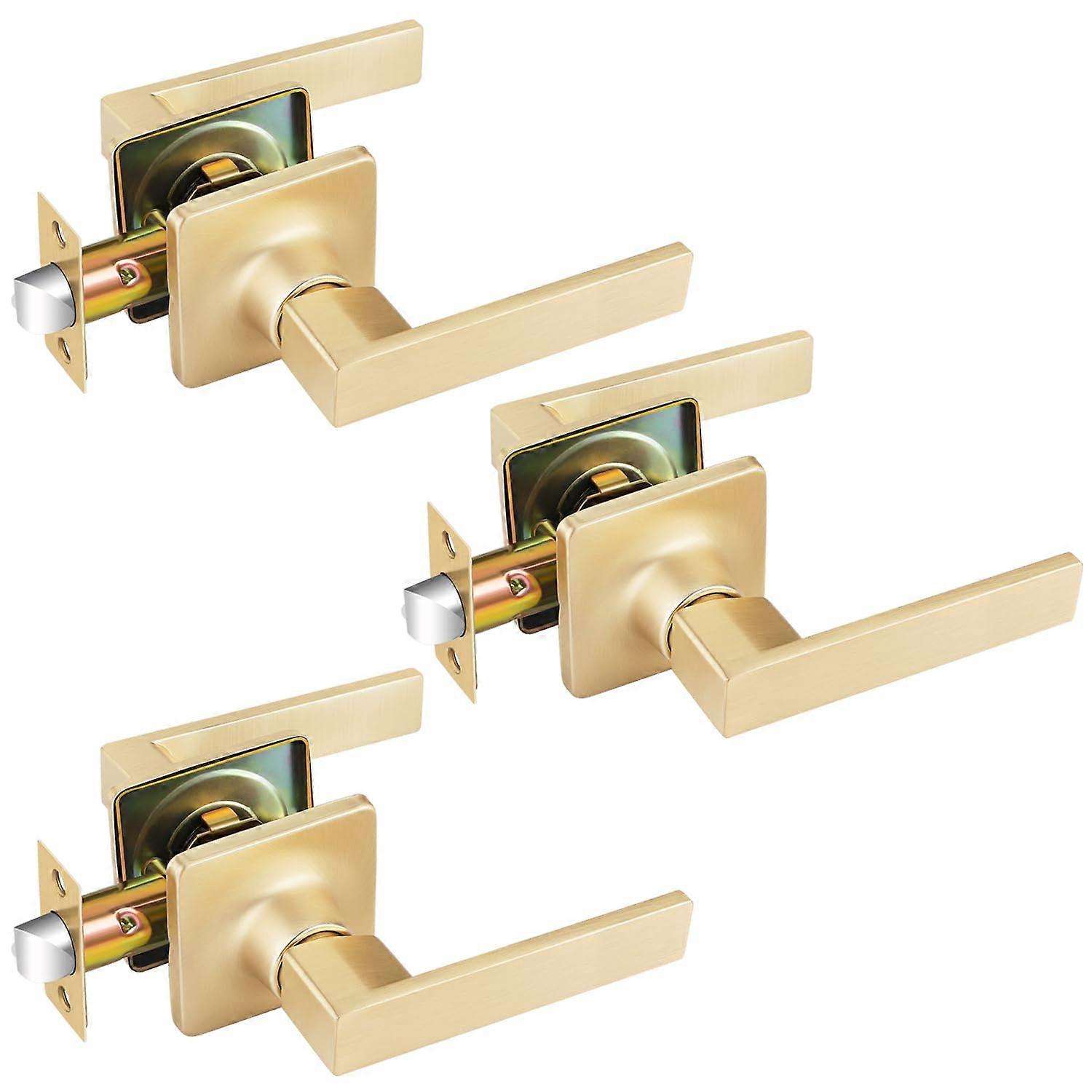 Brushed Brass Door Handles 3-Pack, Gold Interior Door Levers, Keyless Passage, Reversible Handing