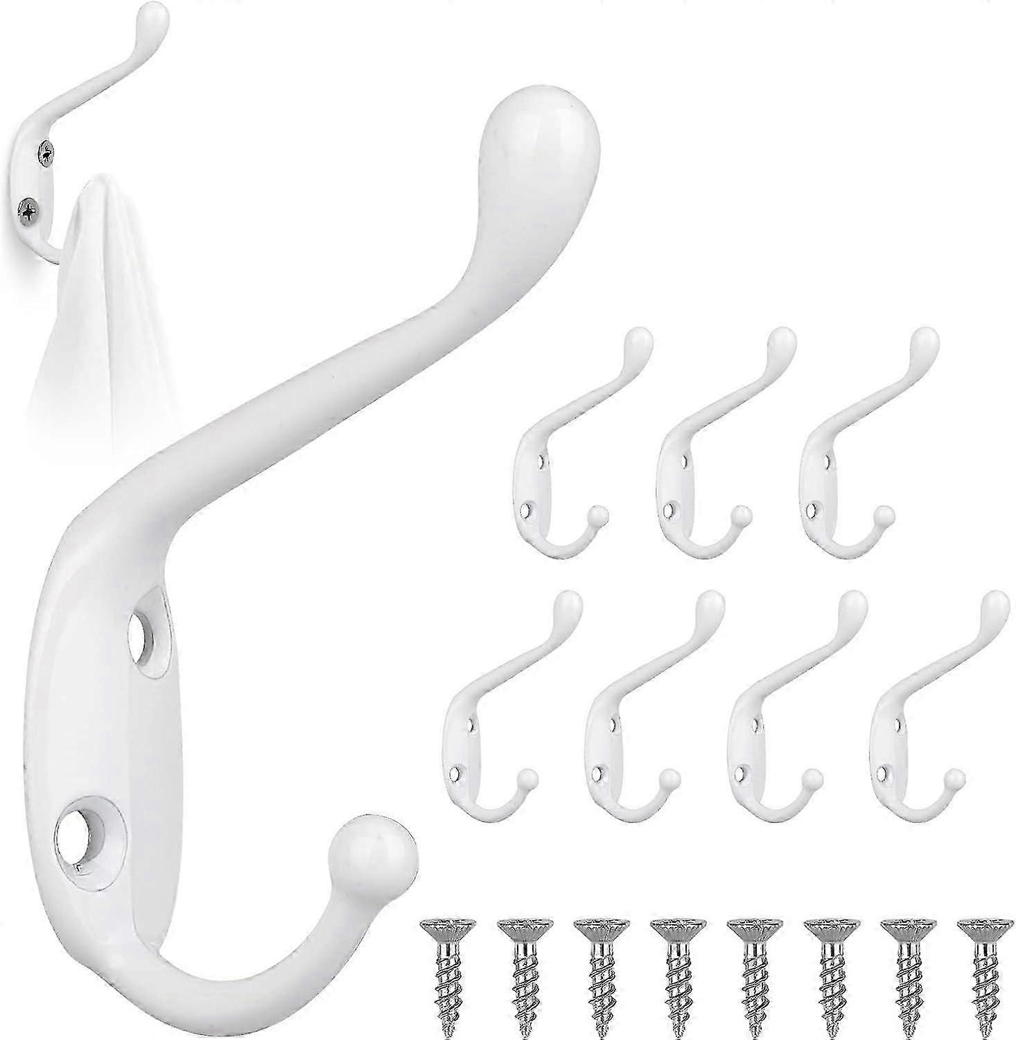 Prong Wall Mounted Hooks, 8Pcs Vintage Hooks for Coats, White Double Door Hooks with 16Pcs Screws, M