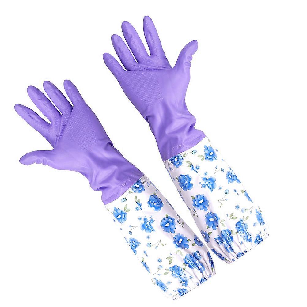 1 Pair of Household Cleaning Glove Non-Slip Long Cuff Gloves Warm Rubber Long Sleeves Gloves for Kitchen Aquarium Purple