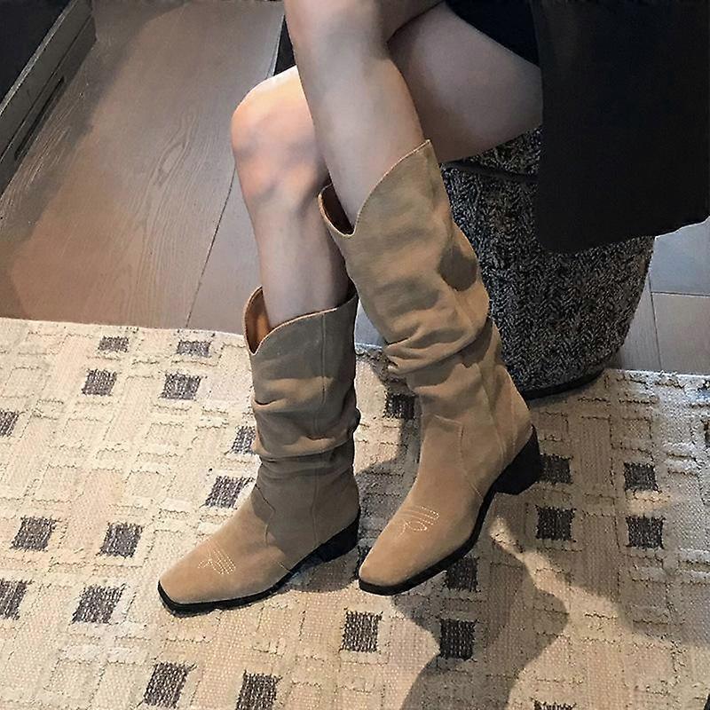 Autumn and Winter Footwear Long Tube Retro Square Head Thick Heel Fold Plus Size Comfortable Stacking Boots Women's Boots