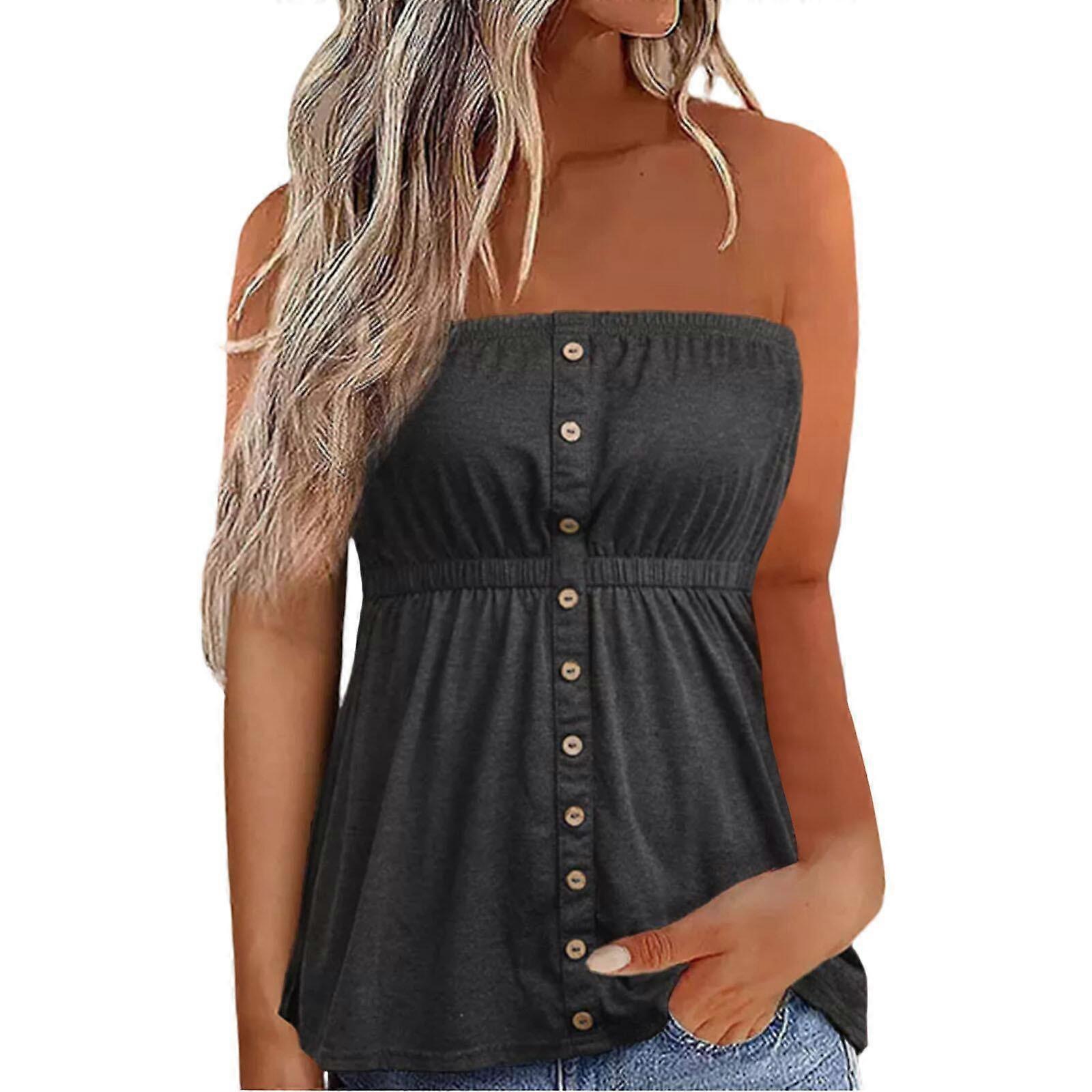 Women Tube Top Summer Button Strapless Bandeau Tank Crop Tops Solid Elastic Design Backless Breathable Pleated Tops