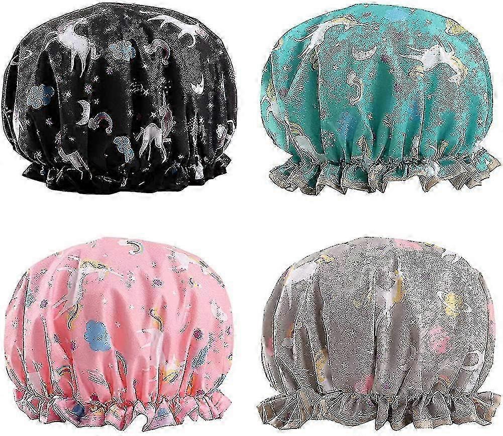 4 Stück wiederverwendbare wasserdichte Einhorn-Duschhauben, Polyester-Haarabdeckung