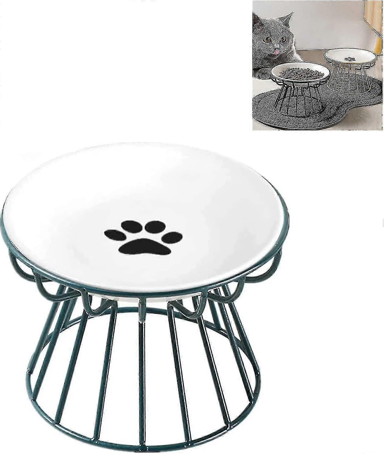 金属製のスタンド付き高架式嘔吐防止キャットボウル、食品と水用のセラミック皿 - グリーン