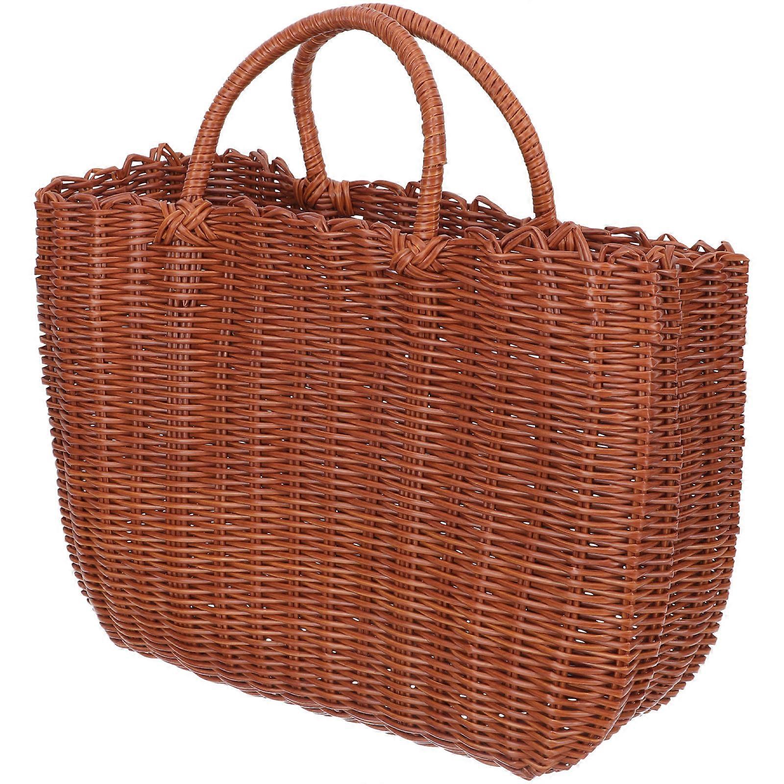 Picnic Shopping Basket Imitation Rattan Food Container Khaki 39.00X27.00X14.00CM 1Set