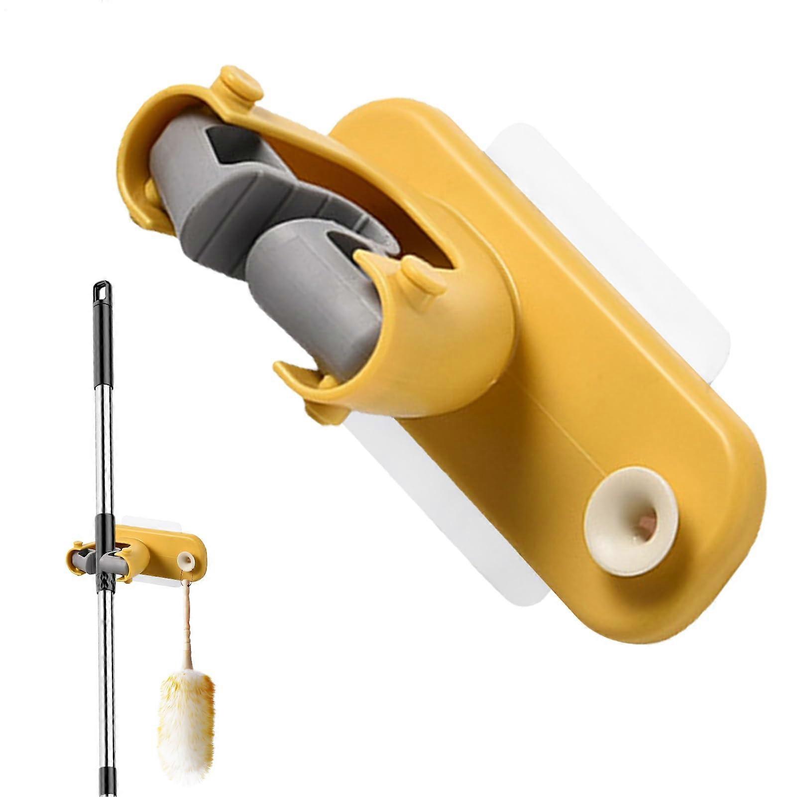 Utility Hook for Broom and Mop, Wall-Mounted Broom Holder, Adhesive Non-Slip Mop Hanger in Yellow for Laundry Room and Workshop
