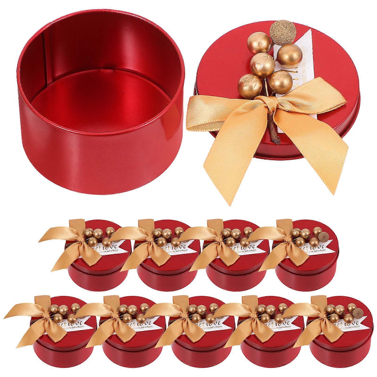 10pcs Bowknot Candy Containers, Wedding Favor Boxes, Red Tinplate Candy Holders with Gold Ribbon for Birthday Party, Durable Decorative Storage Boxes
