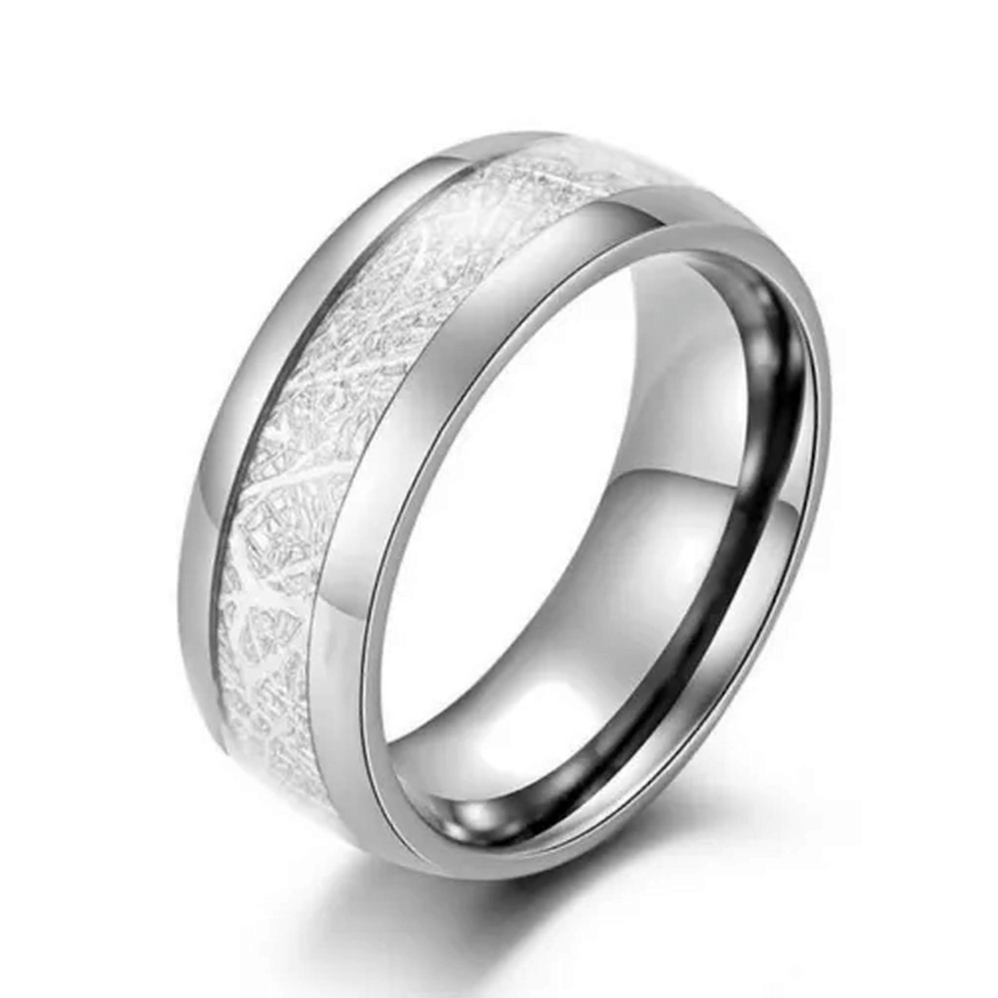 Stainless Steel Bride Ring 8mm Silver Carbon Fiber Ring for Men and Women, Size 7, Fashionable Party Jewelry