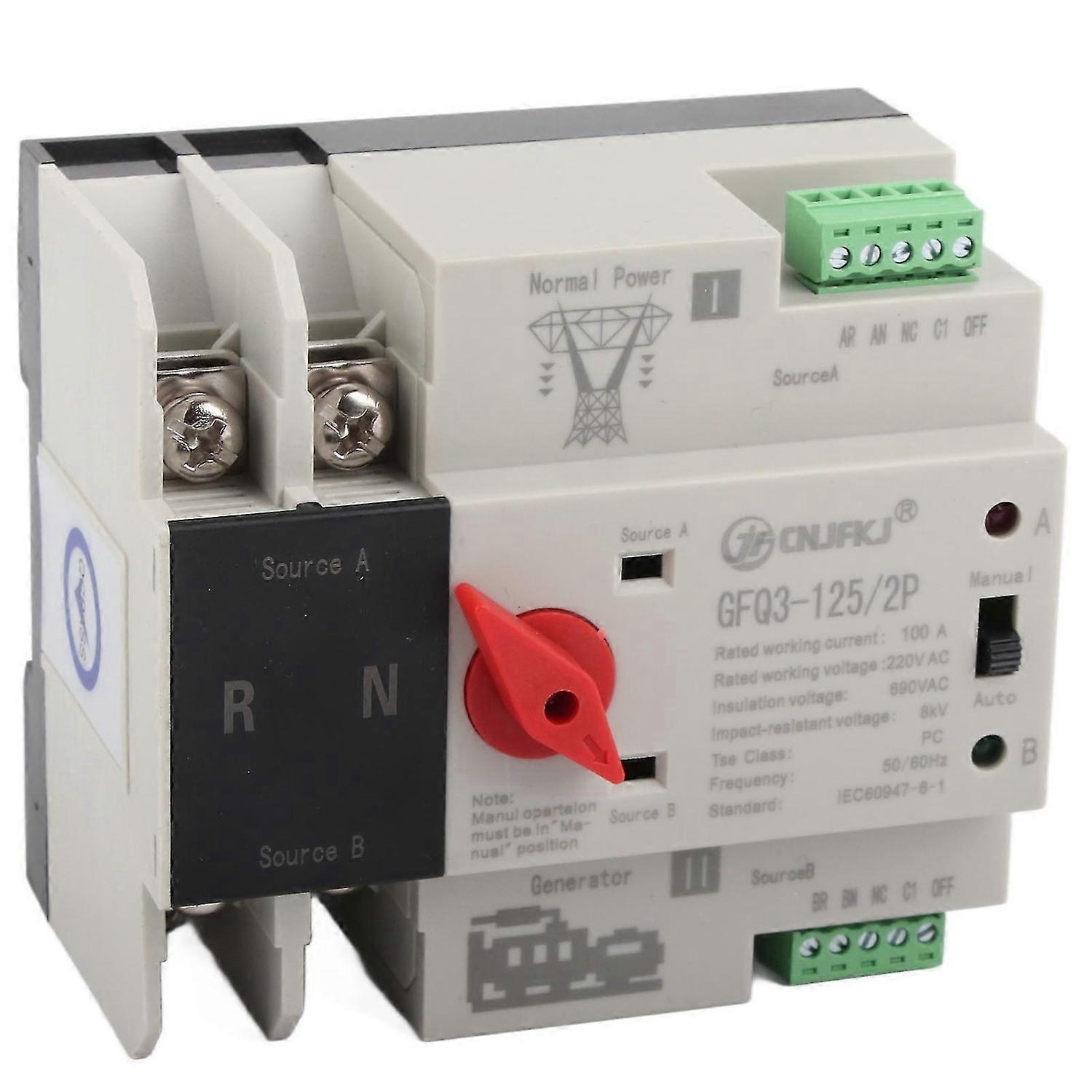 Automatic Transfer Switch Dual Power 2P Flame Retardant Power Transfer Switch for Generator AC220V 100A