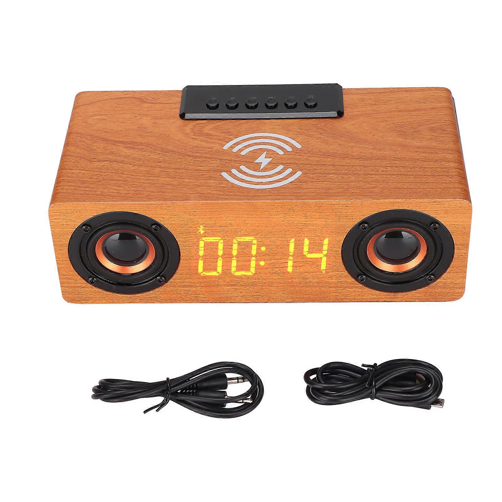 Wireless Bluetooth 10W Wireless Charging Wooden Retro Alarm Clock Speaker for Mobile Phones Tablets