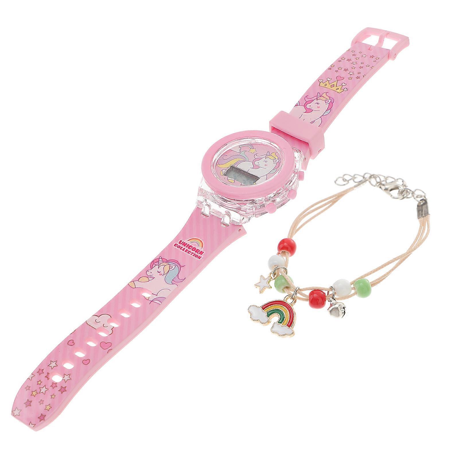 Girl Wrist Watch Luminous Unicorn Pattern Watch with Bracelet for Daily Use Pink Silicone 1Set