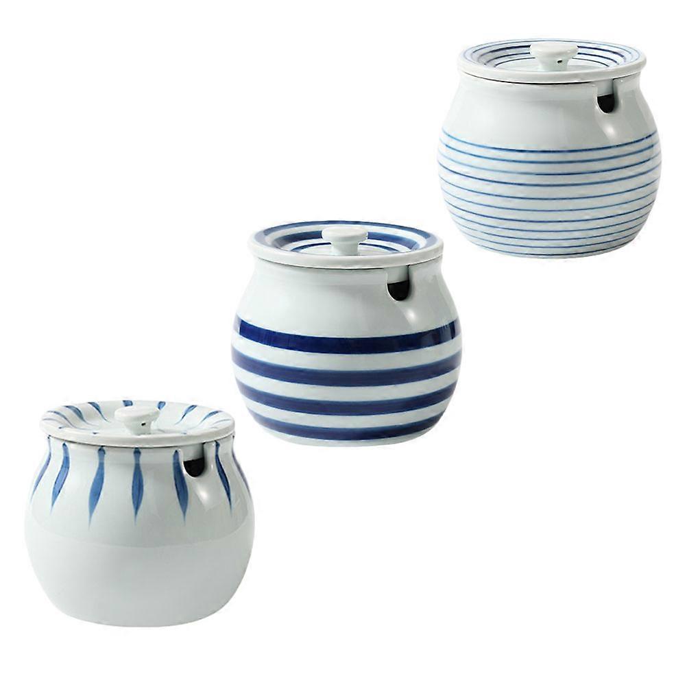 3 Sets Japanese Ceramic Hand Painted Spice Canisters with Lid for Condiments Easy Clean, Stable Base Kitchen Storage and Serving Jars
