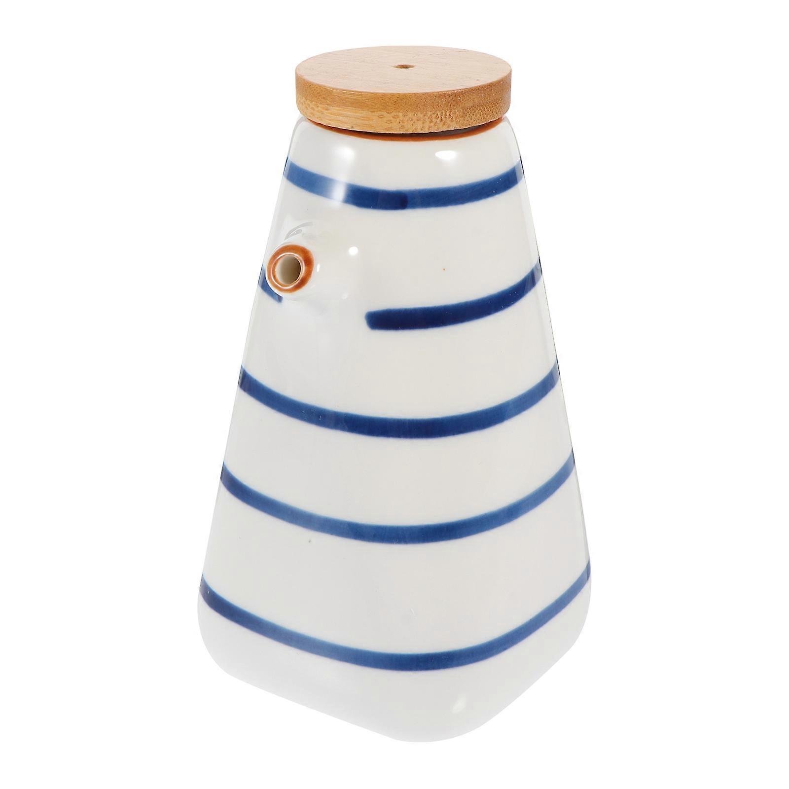 Japanese Style Condiment Jar Ceramic Sauce Pot Vinegar Container with Bamboo Lid