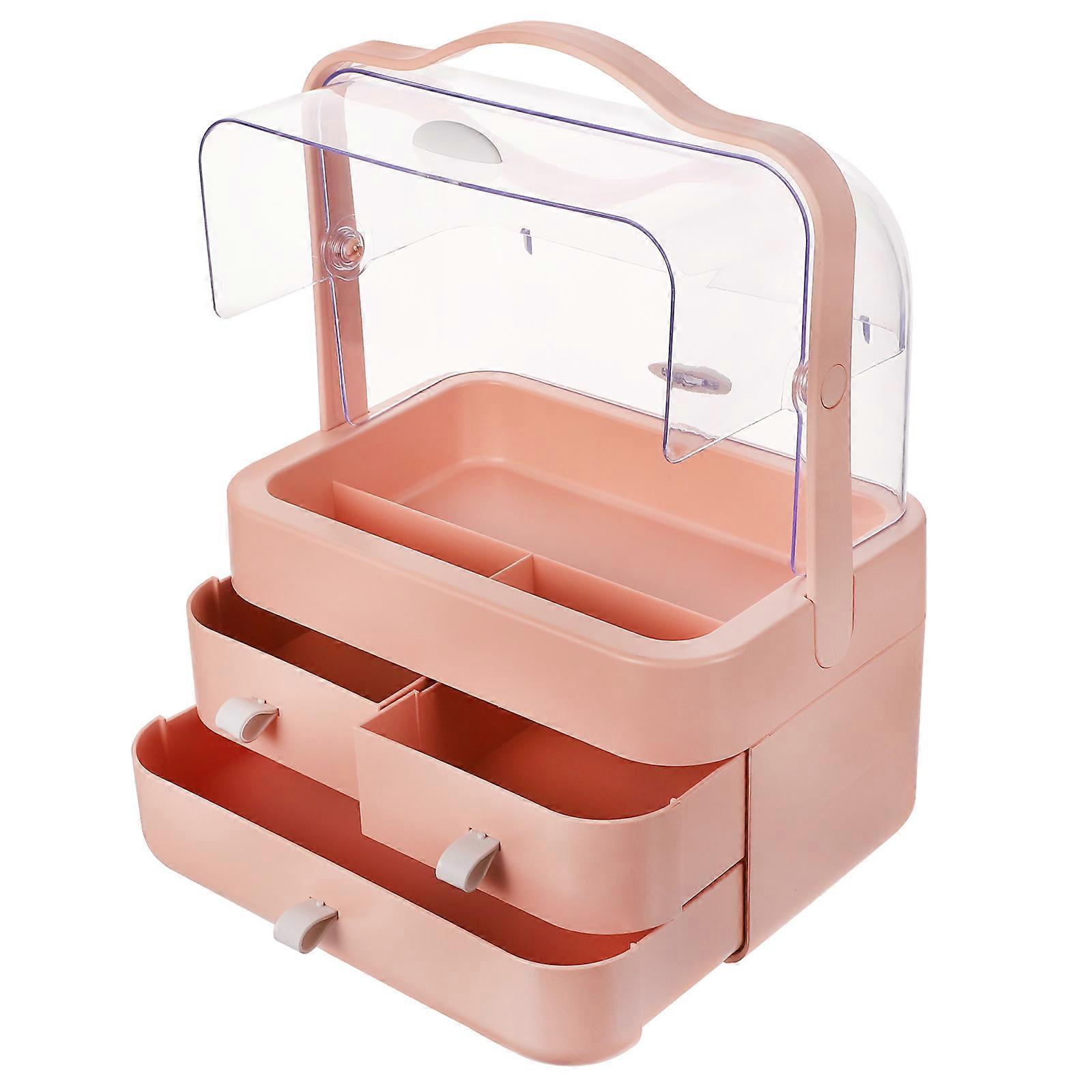 Plastic Makeup Box For Girls Pink 30.00X25.00X16.00CM Transparent Layered Drawer Design 1Pack