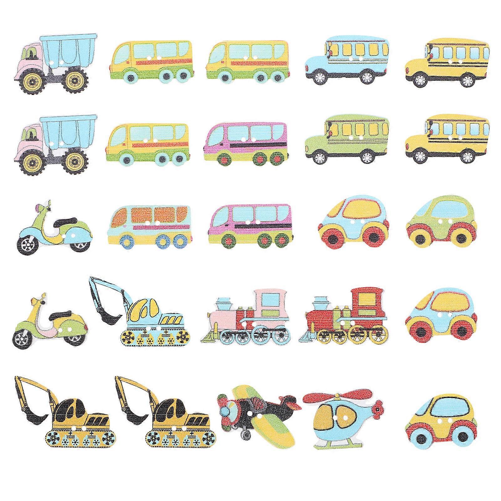 Mixed Color Wooden Cartoon Buttons 100pcs Pack – Decorative Transportation Style Buttons for DIY Crafts, Sewing, and Knitting Projects