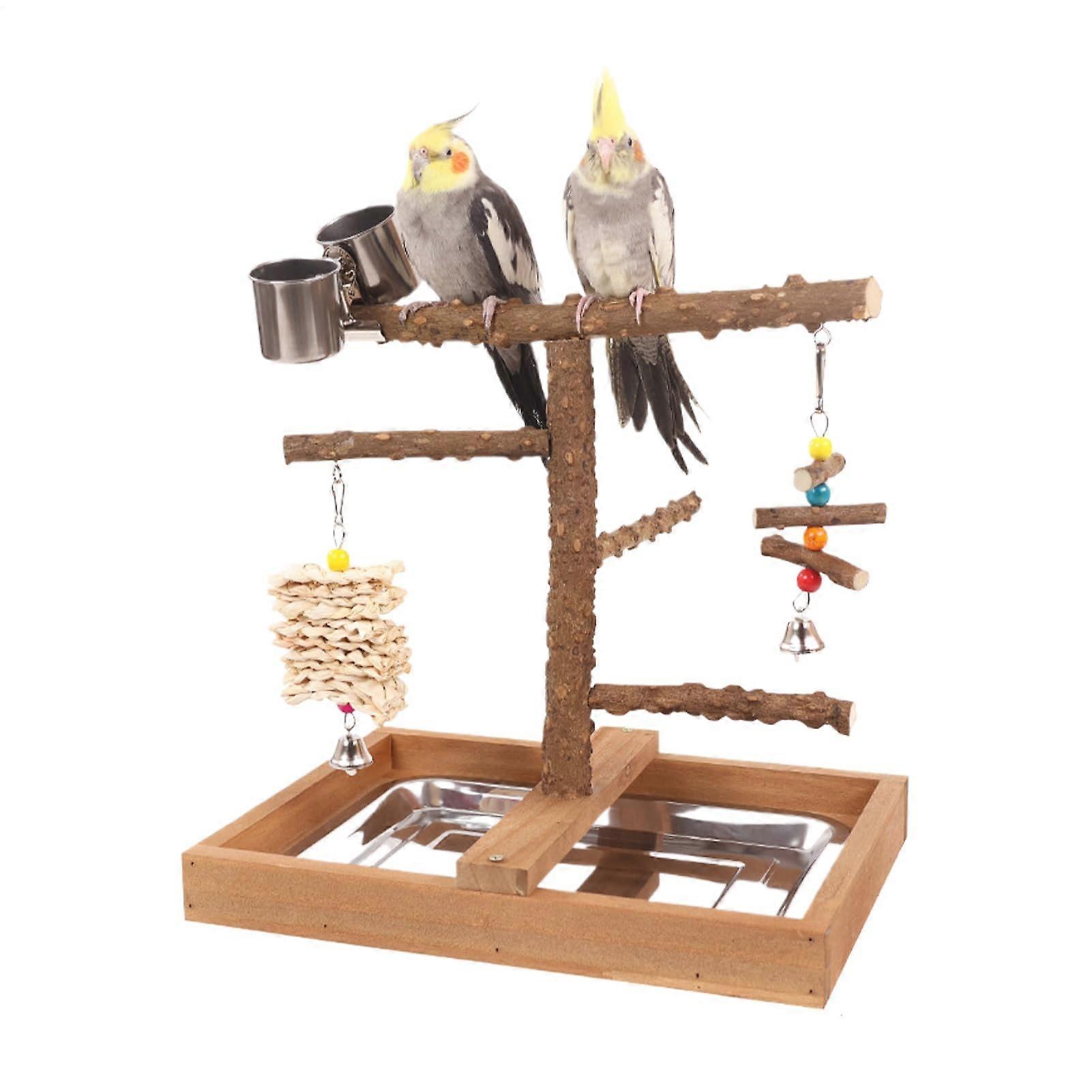 Bird Stand, Cockatiel Playground with 2 Food Containers, Natural Wood Climbing Frame for Budgies for Feeding, Training and Indoor Play in the House