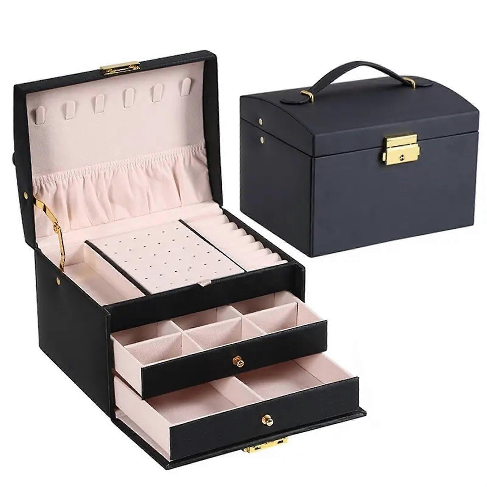 Multifunctional Three-Layer Leather Jewelry Box with Drawer Style for Earrings and Rings in Black Color