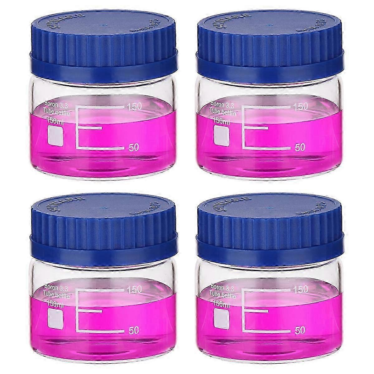 New Deal: 4 Pack Borosilicate Glass Storage Bottles, 150ml Wide Mouth Graduated Round Bottles with GL32 Screw Cap for Reagent Media Storage